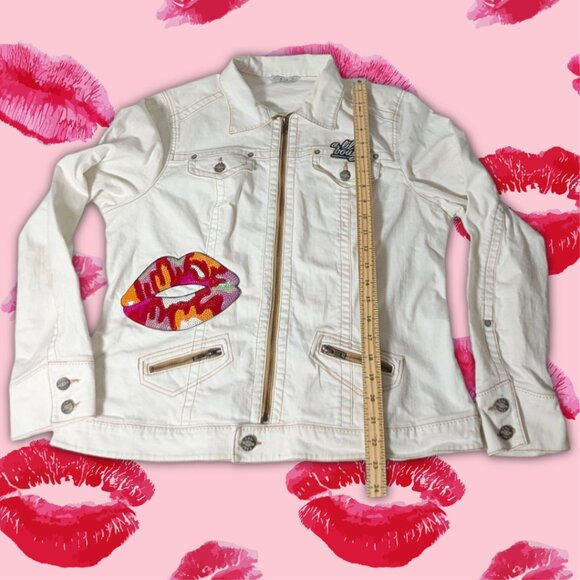CAbi Bright White Denim Jacket with Sequin Lips Patches, Size XL - Picture 5 of 8